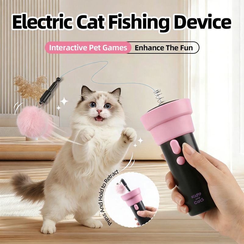 Electric Cat Fishing Wand Toy: One-Button Launch with Spring Retraction, the Perfect Stress-Relief Toy for Human-Pet Interaction/[Gift battery *2+ replacement head *2+ screwdriver]