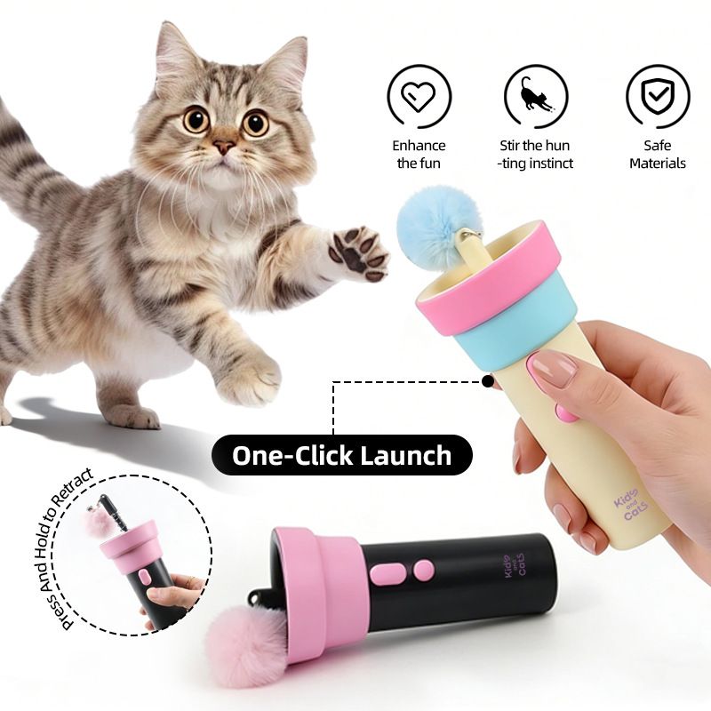 Electric Cat Fishing Wand Toy: One-Button Launch with Spring Retraction, the Perfect Stress-Relief Toy for Human-Pet Interaction/Black [gift battery *2+ replacement head *2+ screwdriver]