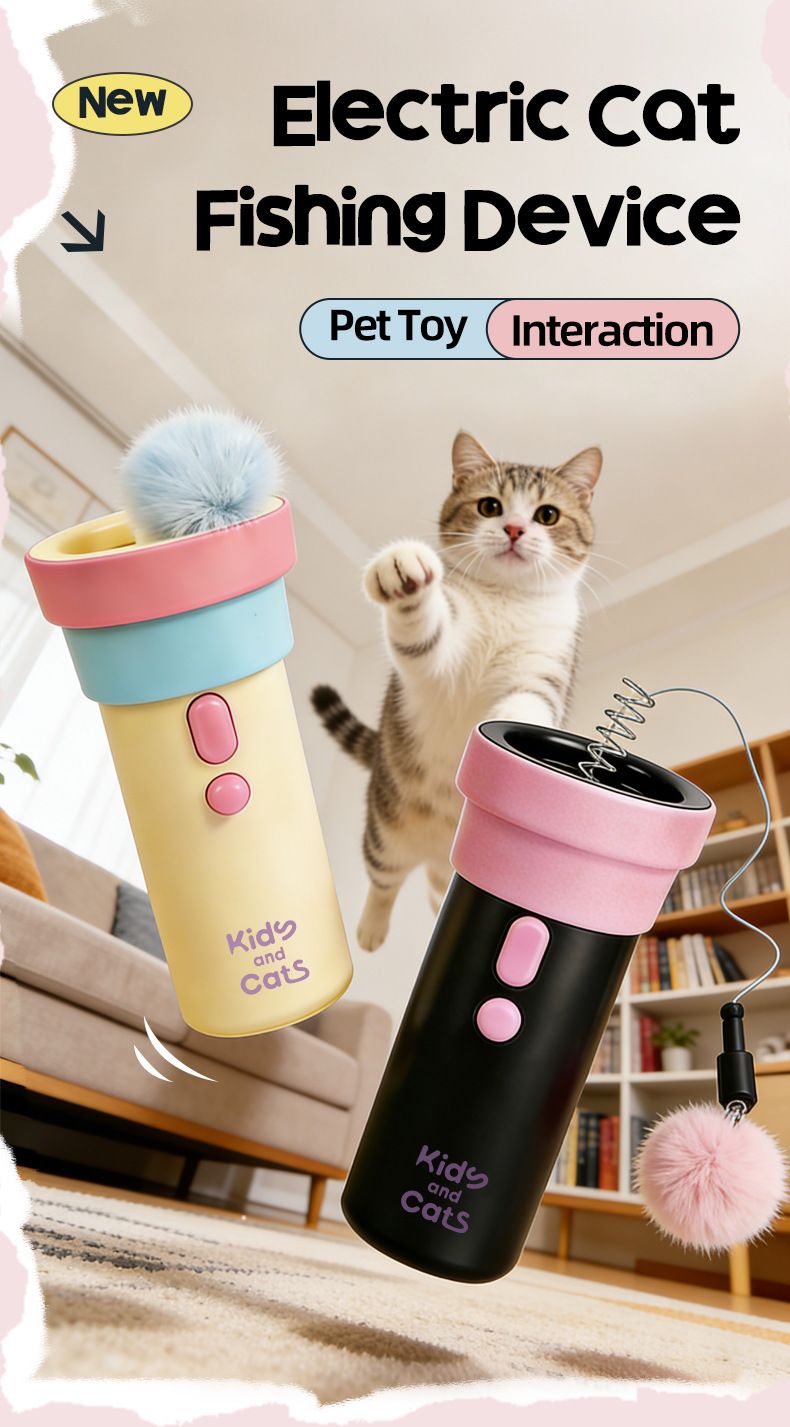 Electric Cat Fishing Wand Toy: One-Button Launch with Spring Retraction, the Perfect Stress-Relief Toy for Human-Pet Interaction/Black [gift battery *2+ replacement head *2+ screwdriver]