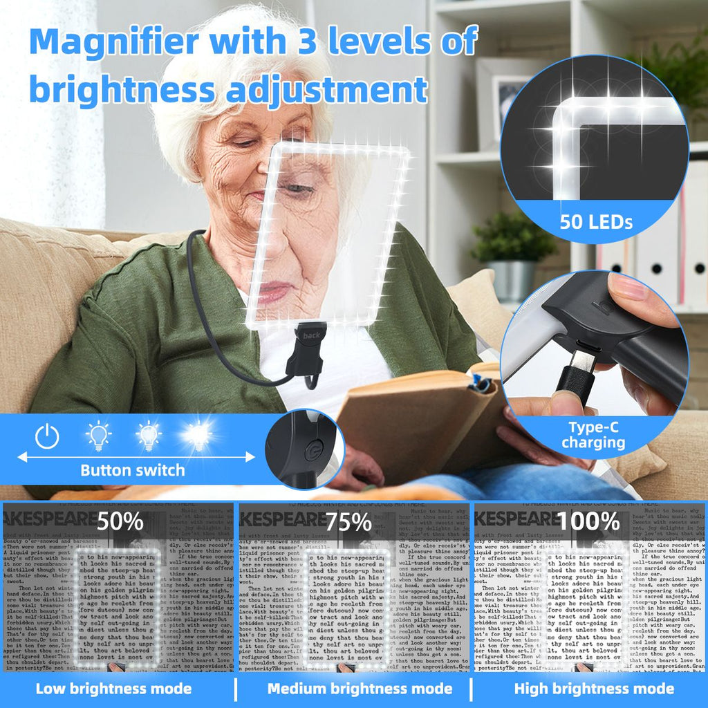 LED 5X Magnifying Glass with Light, Type-C Charging with Three Brightness Levels, Full Frame Protection with Extra-Long Gooseneck – A Great Helper for Seniors' Reading and Handcraft Repairs./GREY