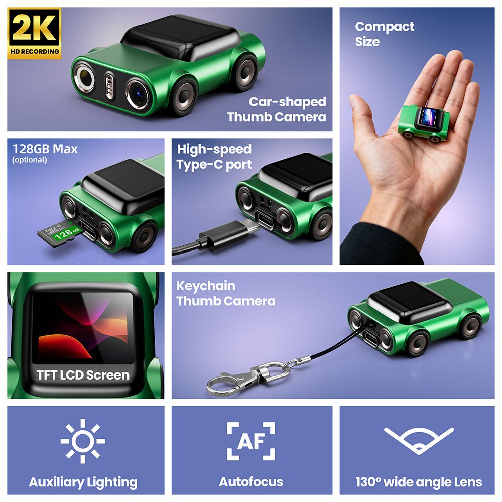 Creative Car-Shaped 2K HD Thumb Camera: Mini & Portable, Auto Focus, Clear in Low Light, Captures Every Wonderful Moment of Childhood and Life(G5 Rose Red 32G Memory Card）