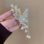 【Alloy Butterfly Tassel Claw Clip】 Fully Rhinestone-Encrusted Lily-of-the-Valley Pearls, Cascading Metal Tassels, Perfect for Updos, Buns & Side Clips, Wedding Party Luxury Socialite Style.