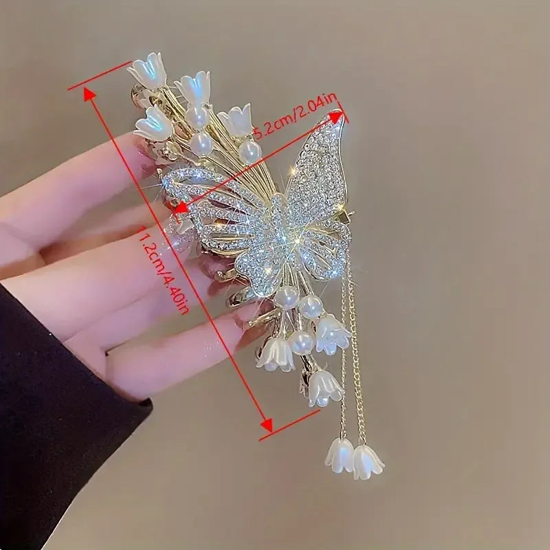 【Alloy Butterfly Tassel Claw Clip】 Fully Rhinestone-Encrusted Lily-of-the-Valley Pearls, Cascading Metal Tassels, Perfect for Updos, Buns & Side Clips, Wedding Party Luxury Socialite Style.