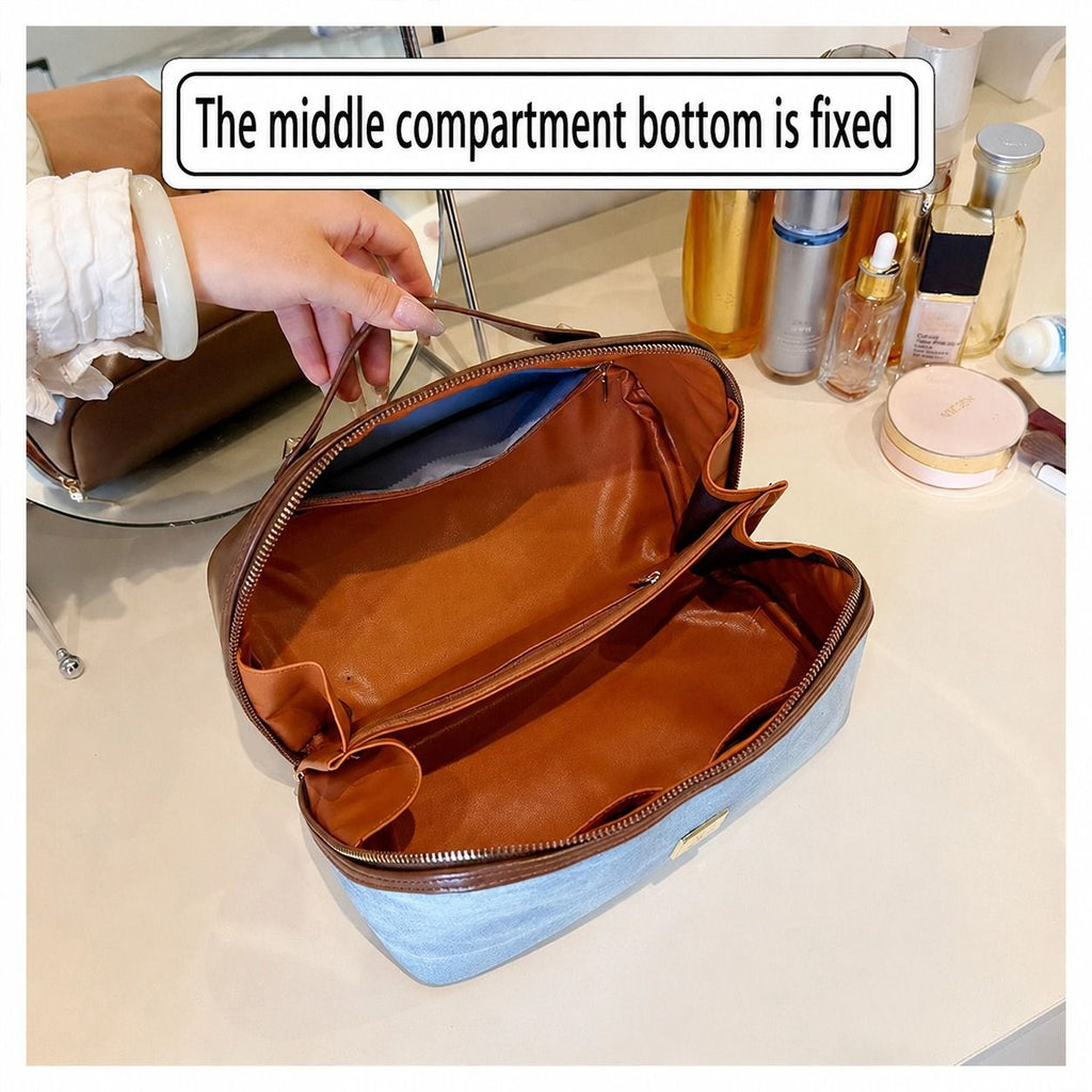 【PU Color-Block Cosmetic Bag】 Leather Handle Metal Zipper, Color-Block Simple Partition, Main Compartment Stores Cosmetics & Toiletries, Lightweight & Versatile for Commuting & Travel./beige
