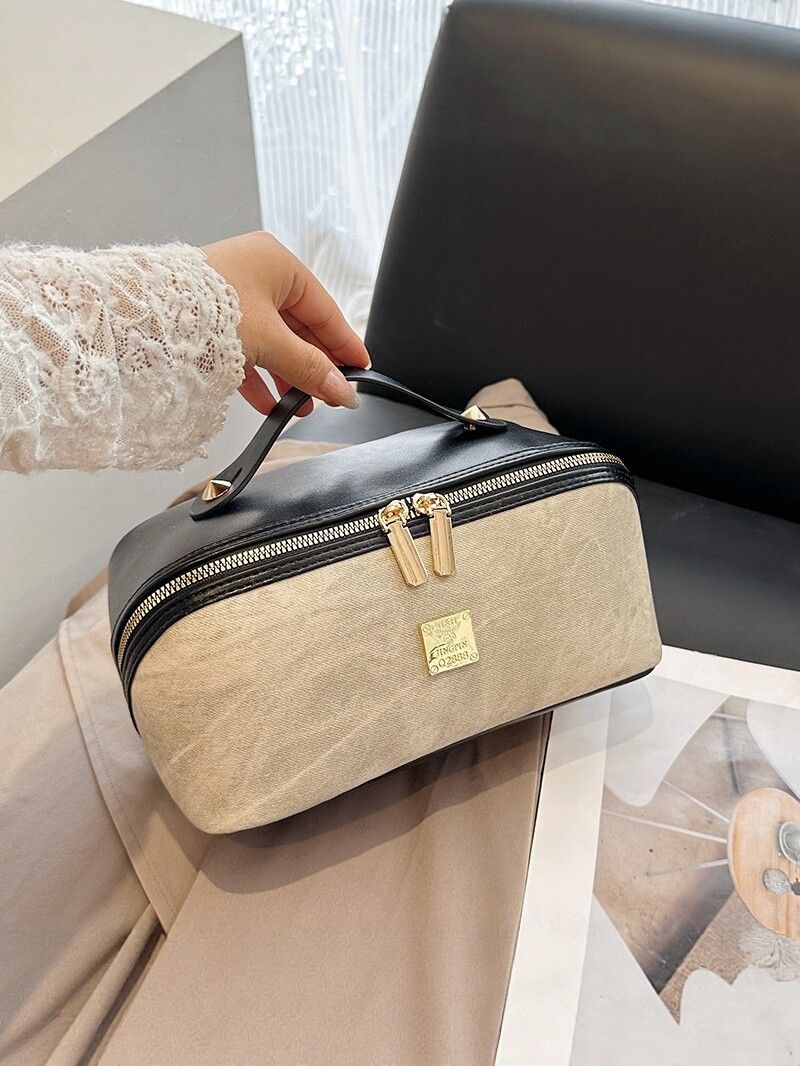 【PU Color-Block Cosmetic Bag】 Leather Handle Metal Zipper, Color-Block Simple Partition, Main Compartment Stores Cosmetics & Toiletries, Lightweight & Versatile for Commuting & Travel./beige