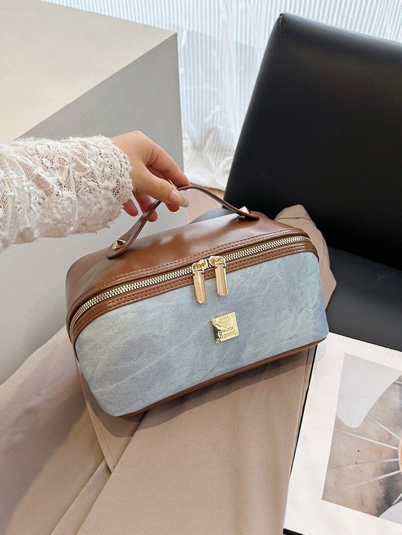 【PU Color-Block Cosmetic Bag】 Leather Handle Metal Zipper, Color-Block Simple Partition, Main Compartment Stores Cosmetics & Toiletries, Lightweight & Versatile for Commuting & Travel./BLUE