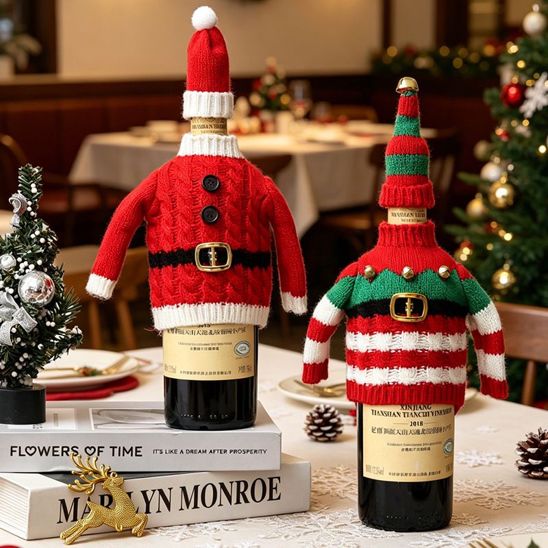 Christmas Knitted Wine Bottle Cover, Santa & Elf Styles, Cute Warm Holiday Decoration Essential./Red belt model