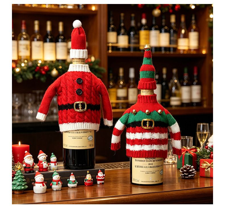 Christmas Knitted Wine Bottle Cover, Santa & Elf Styles, Cute Warm Holiday Decoration Essential./Red belt model