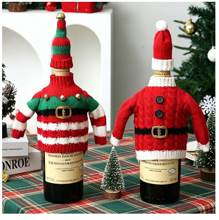 Christmas Knitted Wine Bottle Cover, Santa & Elf Styles, Cute Warm Holiday Decoration Essential./Striped belt style
