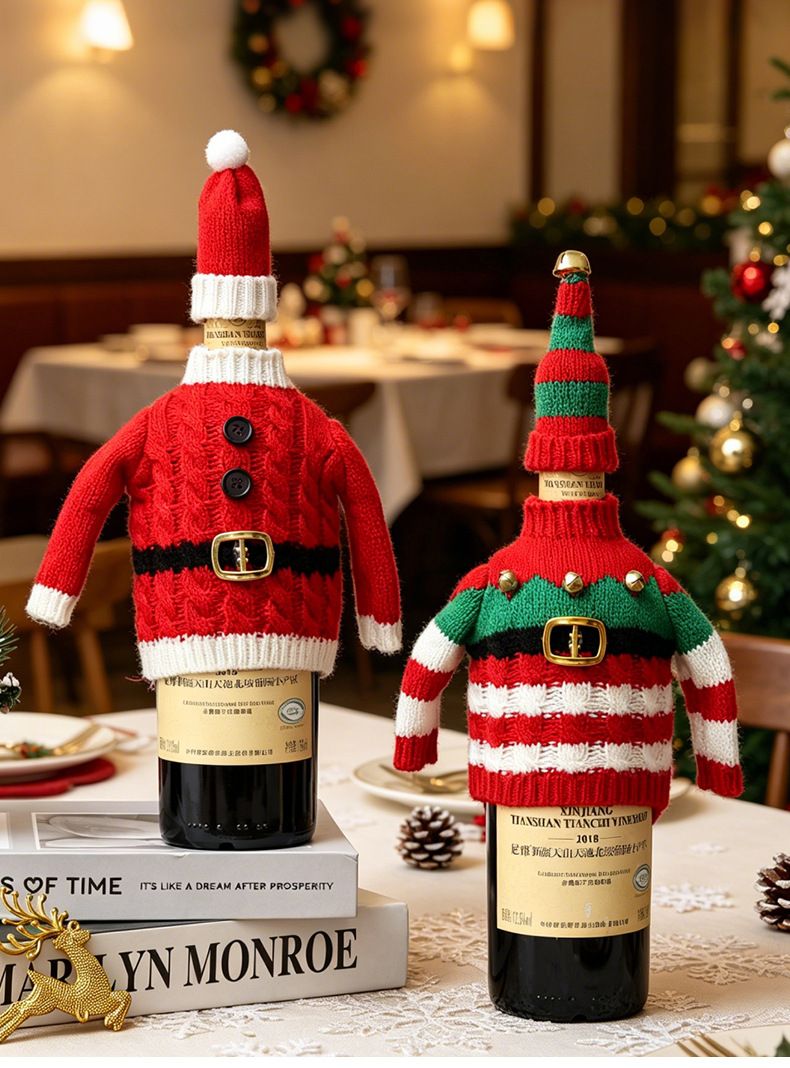 Christmas Knitted Wine Bottle Cover, Santa & Elf Styles, Cute Warm Holiday Decoration Essential./Striped belt style