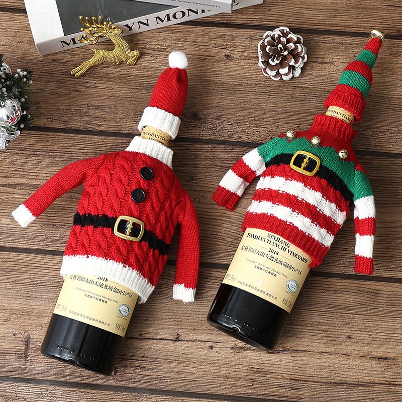 Christmas Knitted Wine Bottle Cover, Santa & Elf Styles, Cute Warm Holiday Decoration Essential./Striped belt style