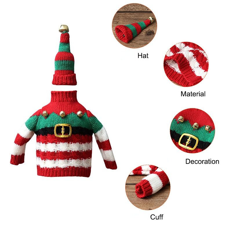 Christmas Knitted Wine Bottle Cover, Santa & Elf Styles, Cute Warm Holiday Decoration Essential./Striped belt style