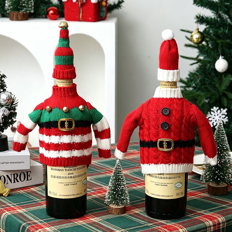 Christmas Knitted Wine Bottle Cover, Santa & Elf Styles, Cute Warm Holiday Decoration Essential./Striped belt style