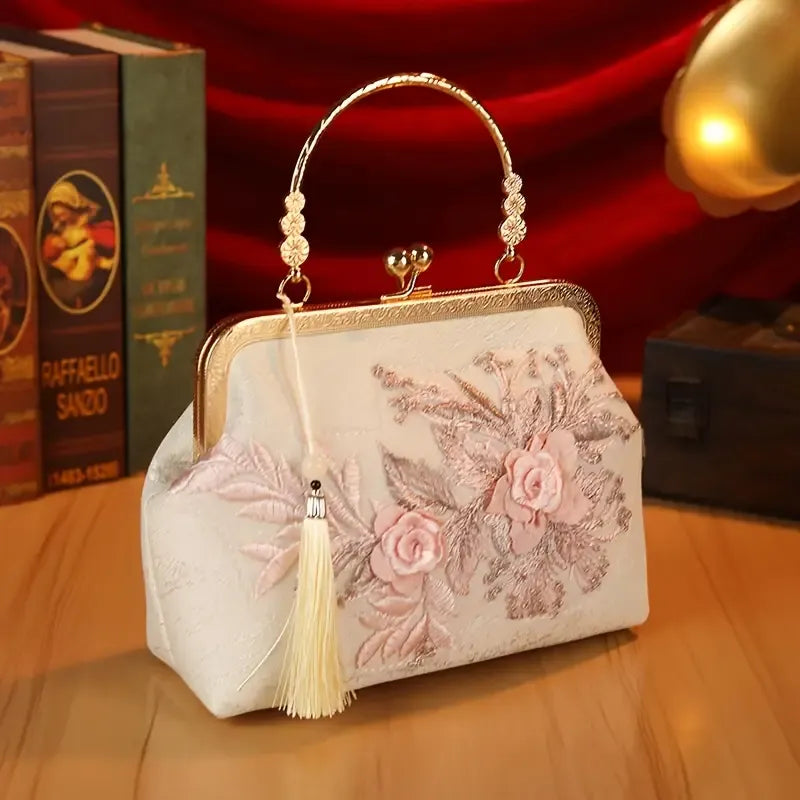 【3D Embroidery Small Square Bag】 Carved Gold Handle with Pearl Tassels, Polyester Jacquard Vintage Handbag, Versatile for Weddings, Tea Parties & Daily Commute, Luxurious Eastern Elegance./pink