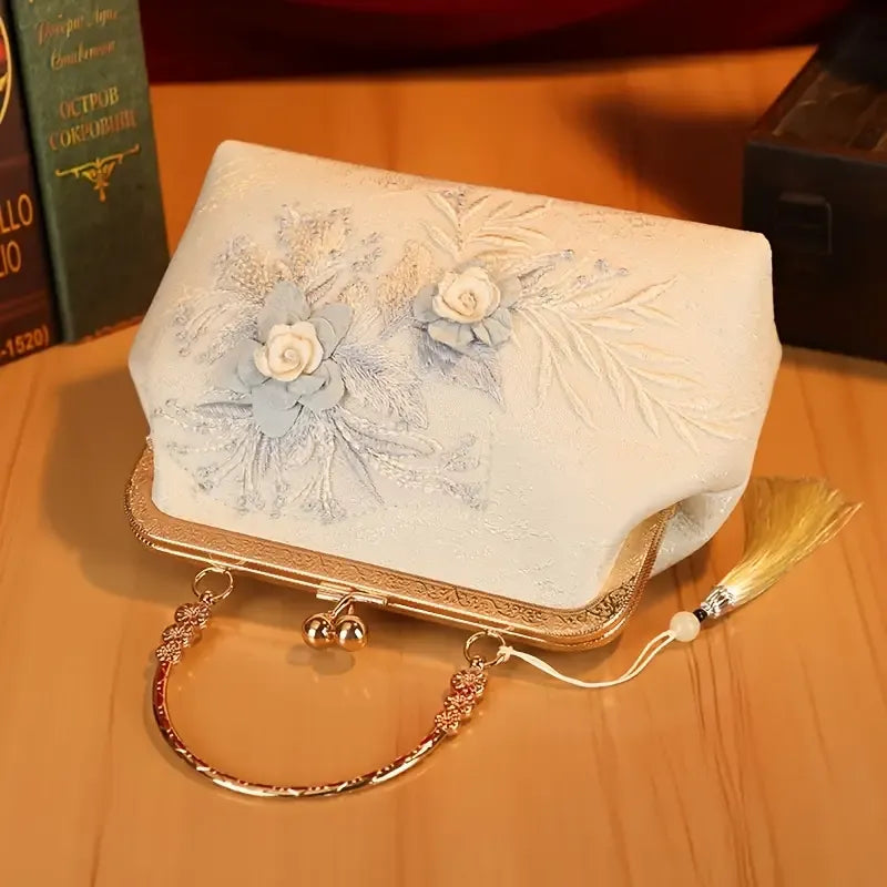 【3D Embroidery Small Square Bag】 Carved Gold Handle with Pearl Tassels, Polyester Jacquard Vintage Handbag, Versatile for Weddings, Tea Parties & Daily Commute, Luxurious Eastern Elegance./pink