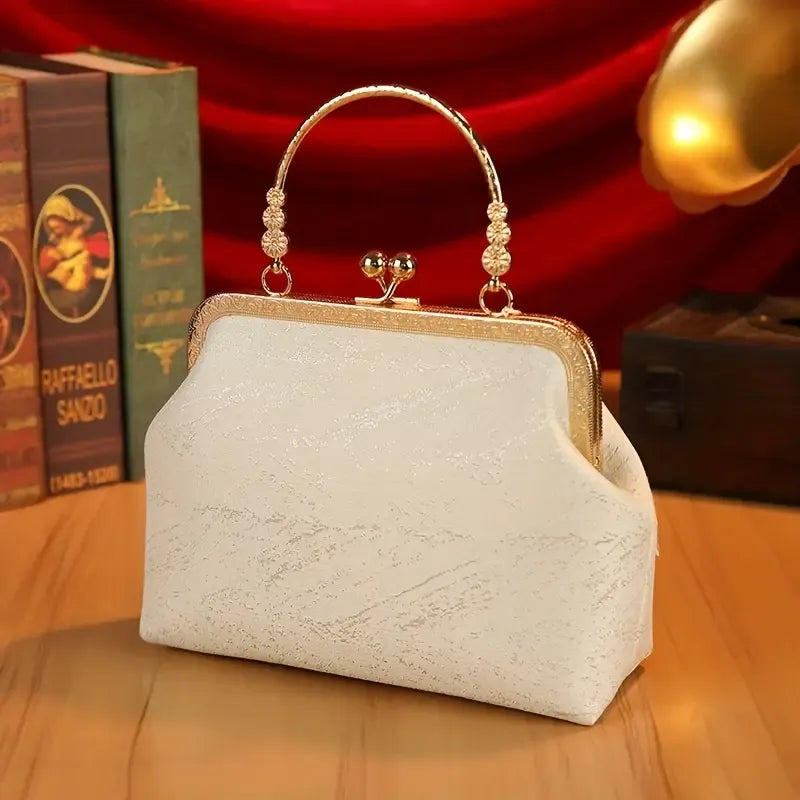 【3D Embroidery Small Square Bag】 Carved Gold Handle with Pearl Tassels, Polyester Jacquard Vintage Handbag, Versatile for Weddings, Tea Parties & Daily Commute, Luxurious Eastern Elegance./pink