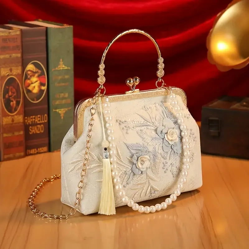 【3D Embroidery Small Square Bag】 Carved Gold Handle with Pearl Tassels, Polyester Jacquard Vintage Handbag, Versatile for Weddings, Tea Parties & Daily Commute, Luxurious Eastern Elegance./pink
