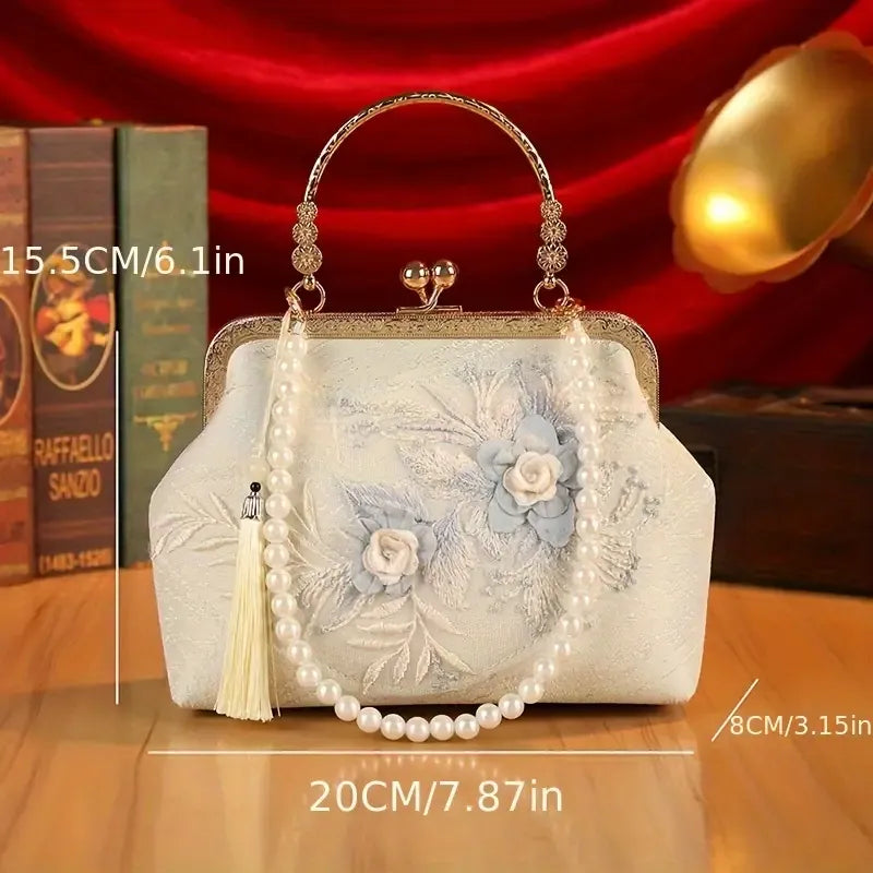 【3D Embroidery Small Square Bag】 Carved Gold Handle with Pearl Tassels, Polyester Jacquard Vintage Handbag, Versatile for Weddings, Tea Parties & Daily Commute, Luxurious Eastern Elegance./BLUE
