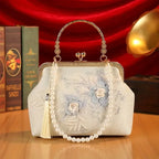 【3D Embroidery Small Square Bag】 Carved Gold Handle with Pearl Tassels, Polyester Jacquard Vintage Handbag, Versatile for Weddings, Tea Parties & Daily Commute, Luxurious Eastern Elegance./BLUE