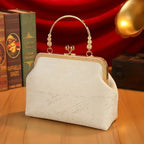 【3D Embroidery Small Square Bag】 Carved Gold Handle with Pearl Tassels, Polyester Jacquard Vintage Handbag, Versatile for Weddings, Tea Parties & Daily Commute, Luxurious Eastern Elegance./BLUE