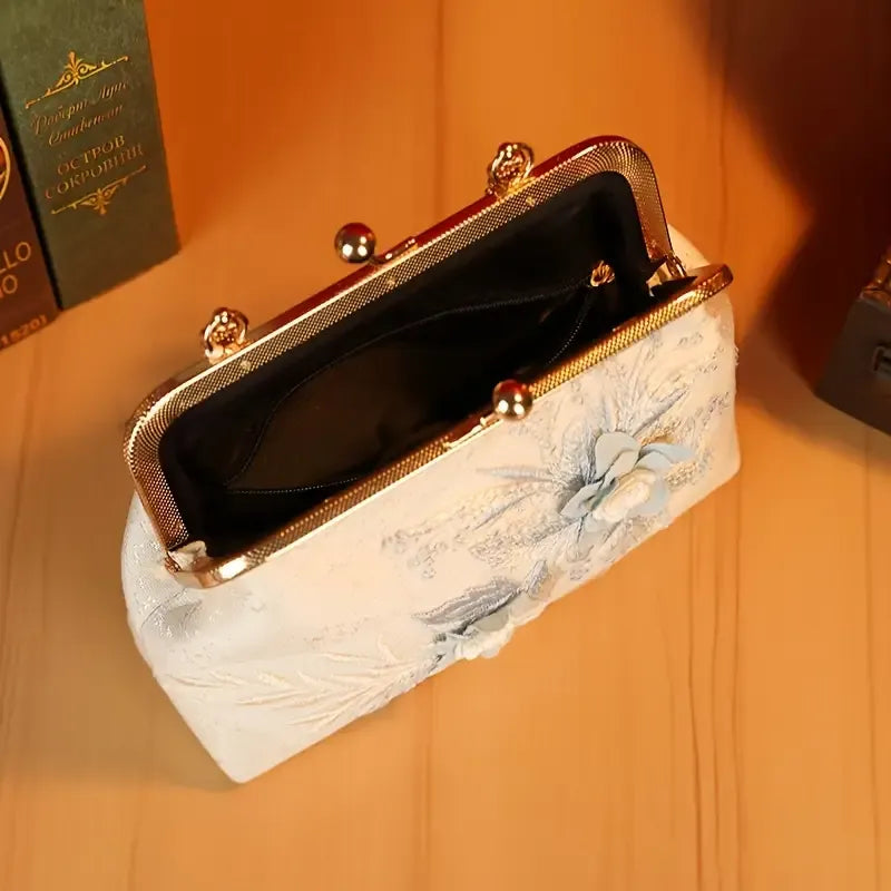 【3D Embroidery Small Square Bag】 Carved Gold Handle with Pearl Tassels, Polyester Jacquard Vintage Handbag, Versatile for Weddings, Tea Parties & Daily Commute, Luxurious Eastern Elegance./BLUE