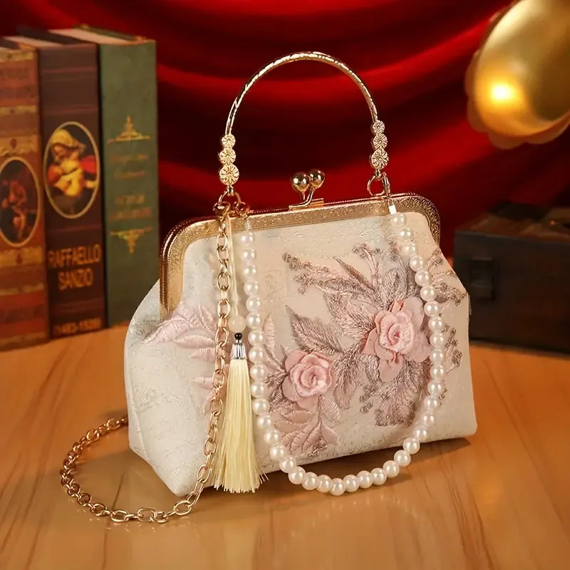 【3D Embroidery Small Square Bag】 Carved Gold Handle with Pearl Tassels, Polyester Jacquard Vintage Handbag, Versatile for Weddings, Tea Parties & Daily Commute, Luxurious Eastern Elegance./BLUE