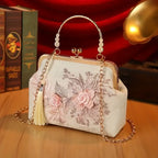 【3D Embroidery Small Square Bag】 Carved Gold Handle with Pearl Tassels, Polyester Jacquard Vintage Handbag, Versatile for Weddings, Tea Parties & Daily Commute, Luxurious Eastern Elegance./BLUE