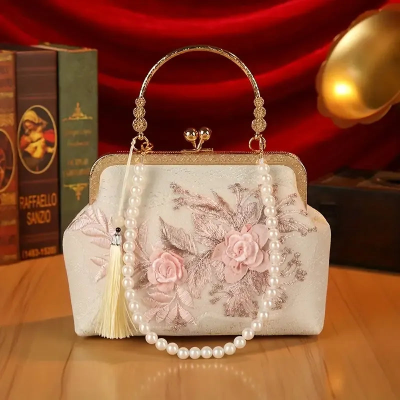 【3D Embroidery Small Square Bag】 Carved Gold Handle with Pearl Tassels, Polyester Jacquard Vintage Handbag, Versatile for Weddings, Tea Parties & Daily Commute, Luxurious Eastern Elegance./BLUE