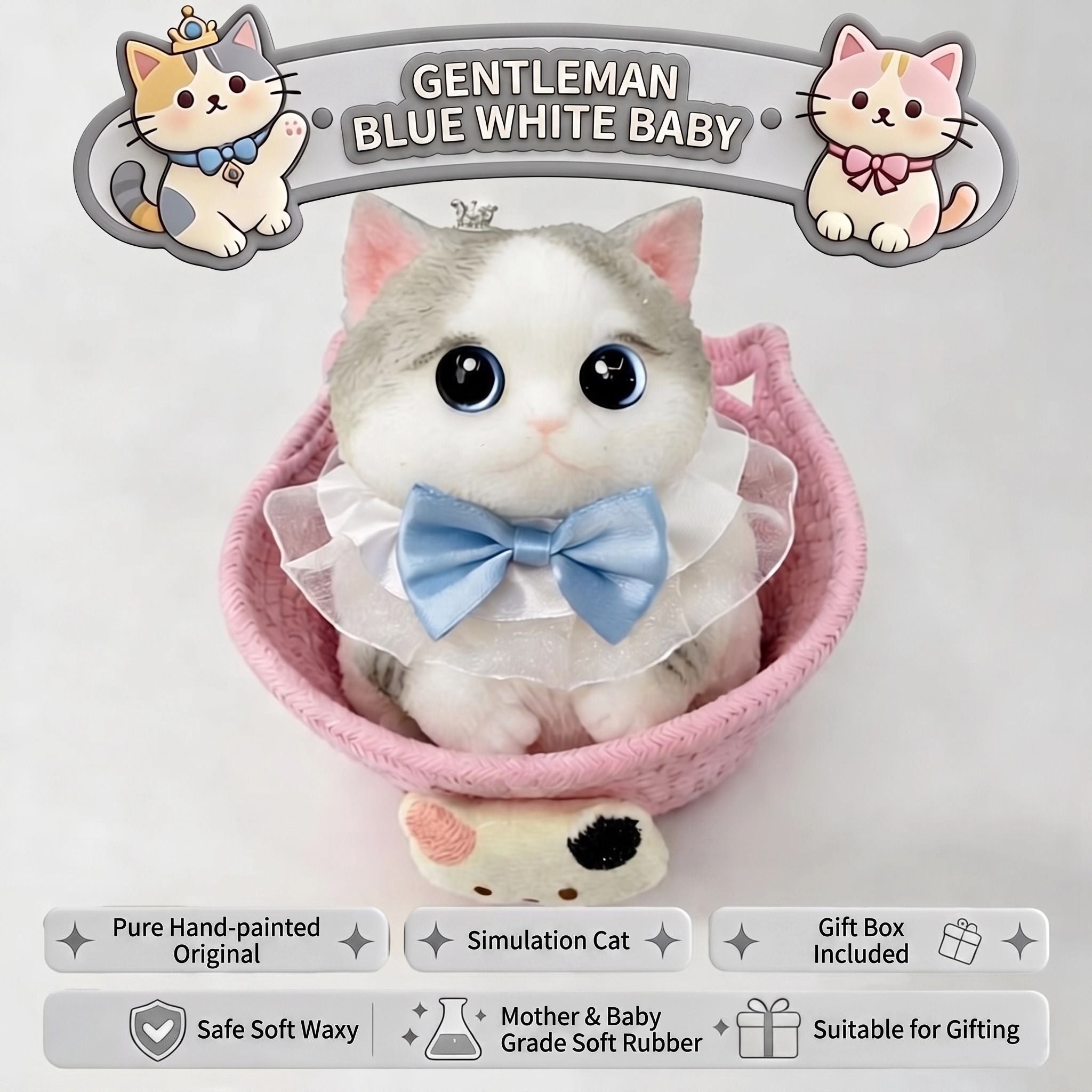 Cute Handmade Simulated Cat Stress Relief Squishy Toy (Large cat + accessories + cat bed + gift box)/Pink Calico Princess
