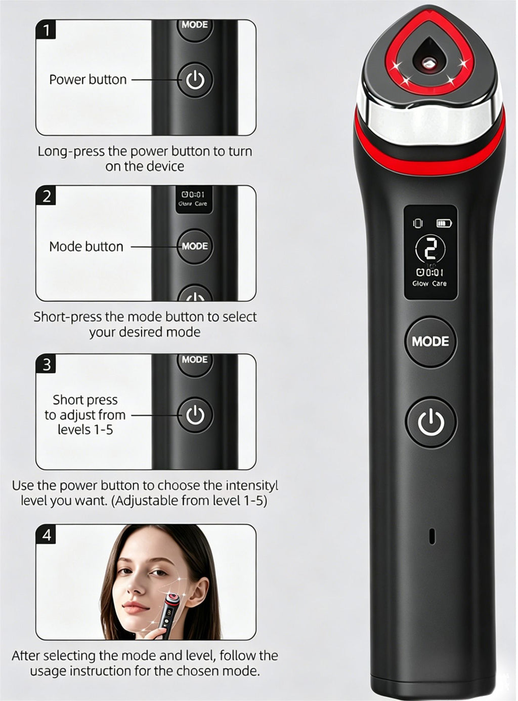 Beauty Device: Red and Blue Light, Home Use, Portable, Vibrating, Multi-Functional, with Voice Guidance, 5-Color Light Therapy, Eye Massage, Eye Care Device/"Upgrade" pink beauty introducer