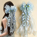 New Organza Bow Hair Clip, Bohemian Long Ribbons, Oversized Gauze Lily-of-the-Valley Pearl Strand, Pastoral Floral Ethereal Charm, Must-have Hair Accessory for Weddings, Hanfu, Parties & Vacations./blue