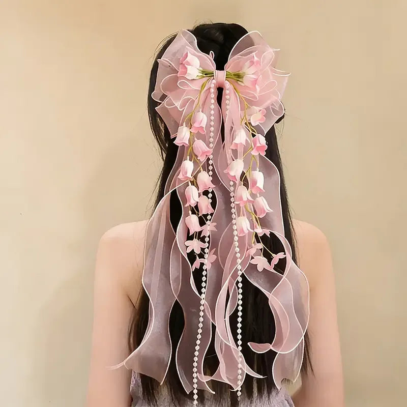 New Organza Bow Hair Clip, Bohemian Long Ribbons, Oversized Gauze Lily-of-the-Valley Pearl Strand, Pastoral Floral Ethereal Charm, Must-have Hair Accessory for Weddings, Hanfu, Parties & Vacations./blue