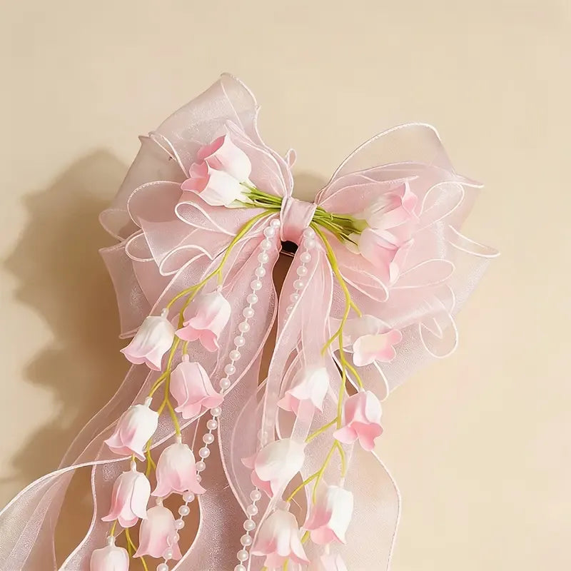 New Organza Bow Hair Clip, Bohemian Long Ribbons, Oversized Gauze Lily-of-the-Valley Pearl Strand, Pastoral Floral Ethereal Charm, Must-have Hair Accessory for Weddings, Hanfu, Parties & Vacations./blue