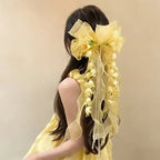 New Organza Bow Hair Clip, Bohemian Long Ribbons, Oversized Gauze Lily-of-the-Valley Pearl Strand, Pastoral Floral Ethereal Charm, Must-have Hair Accessory for Weddings, Hanfu, Parties & Vacations./blue