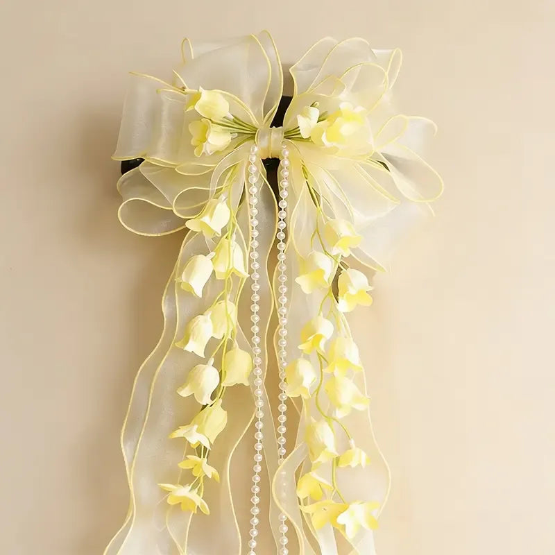 New Organza Bow Hair Clip, Bohemian Long Ribbons, Oversized Gauze Lily-of-the-Valley Pearl Strand, Pastoral Floral Ethereal Charm, Must-have Hair Accessory for Weddings, Hanfu, Parties & Vacations./blue