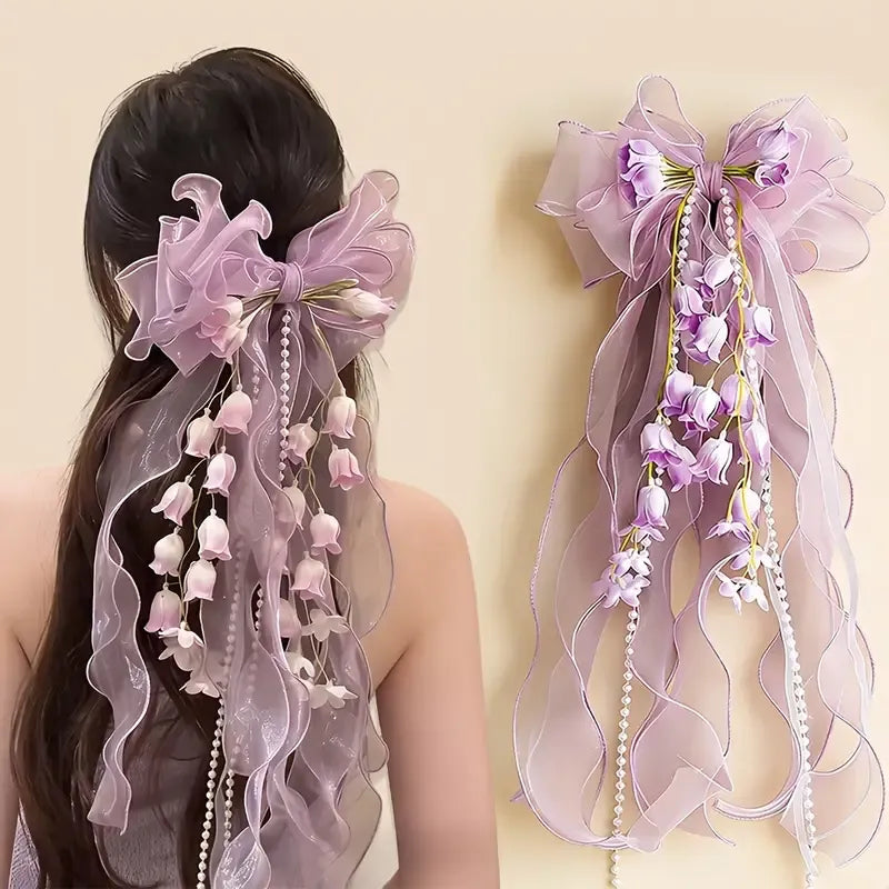 New Organza Bow Hair Clip, Bohemian Long Ribbons, Oversized Gauze Lily-of-the-Valley Pearl Strand, Pastoral Floral Ethereal Charm, Must-have Hair Accessory for Weddings, Hanfu, Parties & Vacations./YELLOW