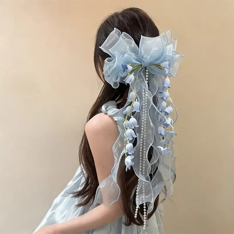 New Organza Bow Hair Clip, Bohemian Long Ribbons, Oversized Gauze Lily-of-the-Valley Pearl Strand, Pastoral Floral Ethereal Charm, Must-have Hair Accessory for Weddings, Hanfu, Parties & Vacations./YELLOW
