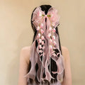 New Organza Bow Hair Clip, Bohemian Long Ribbons, Oversized Gauze Lily-of-the-Valley Pearl Strand, Pastoral Floral Ethereal Charm, Must-have Hair Accessory for Weddings, Hanfu, Parties & Vacations./PINK