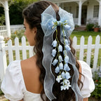 New Organza Bow Hair Clip, Bohemian Long Ribbons, Oversized Gauze Lily-of-the-Valley Pearl Strand, Pastoral Floral Ethereal Charm, Must-have Hair Accessory for Weddings, Hanfu, Parties & Vacations./PINK