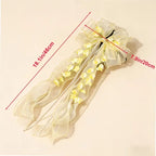 New Organza Bow Hair Clip, Bohemian Long Ribbons, Oversized Gauze Lily-of-the-Valley Pearl Strand, Pastoral Floral Ethereal Charm, Must-have Hair Accessory for Weddings, Hanfu, Parties & Vacations./PINK