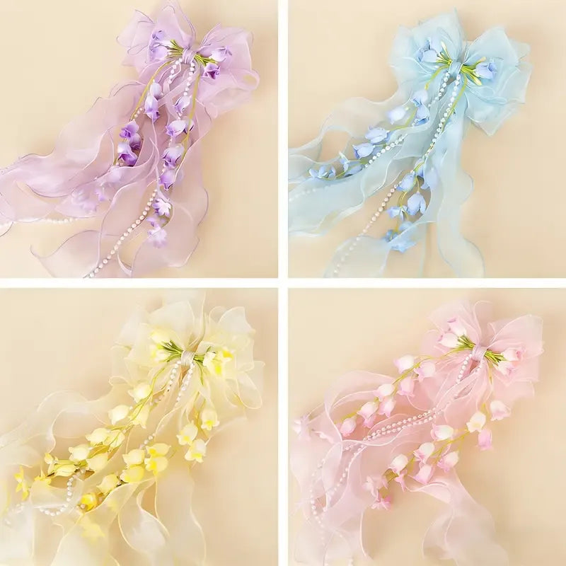 New Organza Bow Hair Clip, Bohemian Long Ribbons, Oversized Gauze Lily-of-the-Valley Pearl Strand, Pastoral Floral Ethereal Charm, Must-have Hair Accessory for Weddings, Hanfu, Parties & Vacations./PINK