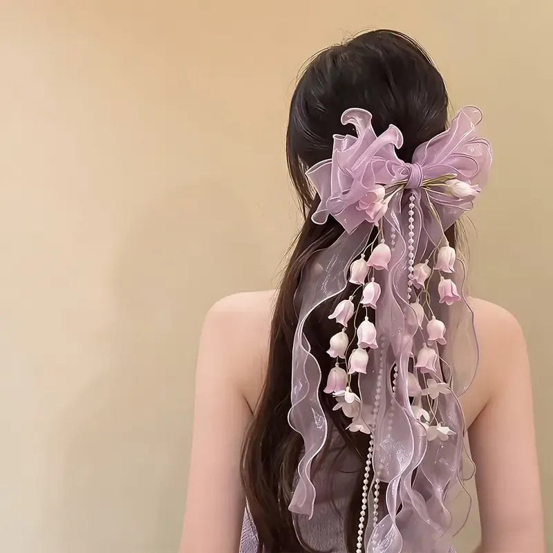 New Organza Bow Hair Clip, Bohemian Long Ribbons, Oversized Gauze Lily-of-the-Valley Pearl Strand, Pastoral Floral Ethereal Charm, Must-have Hair Accessory for Weddings, Hanfu, Parties & Vacations./PINK