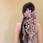 New Organza Bow Hair Clip, Bohemian Long Ribbons, Oversized Gauze Lily-of-the-Valley Pearl Strand, Pastoral Floral Ethereal Charm, Must-have Hair Accessory for Weddings, Hanfu, Parties & Vacations./PINK