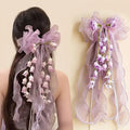 New Organza Bow Hair Clip, Bohemian Long Ribbons, Oversized Gauze Lily-of-the-Valley Pearl Strand, Pastoral Floral Ethereal Charm, Must-have Hair Accessory for Weddings, Hanfu, Parties & Vacations./purple