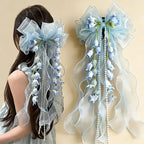 New Organza Bow Hair Clip, Bohemian Long Ribbons, Oversized Gauze Lily-of-the-Valley Pearl Strand, Pastoral Floral Ethereal Charm, Must-have Hair Accessory for Weddings, Hanfu, Parties & Vacations./purple