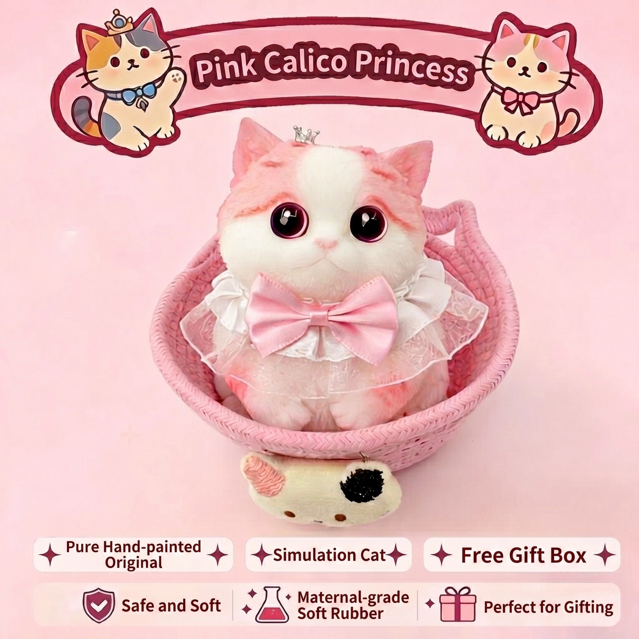 Fat Cat Squishy Toy, Lifelike Cat Plush Doll, Original Hand-Painted Design, (Kitten + Accessories + Cat Bed)/Gentleman blue and white treasure