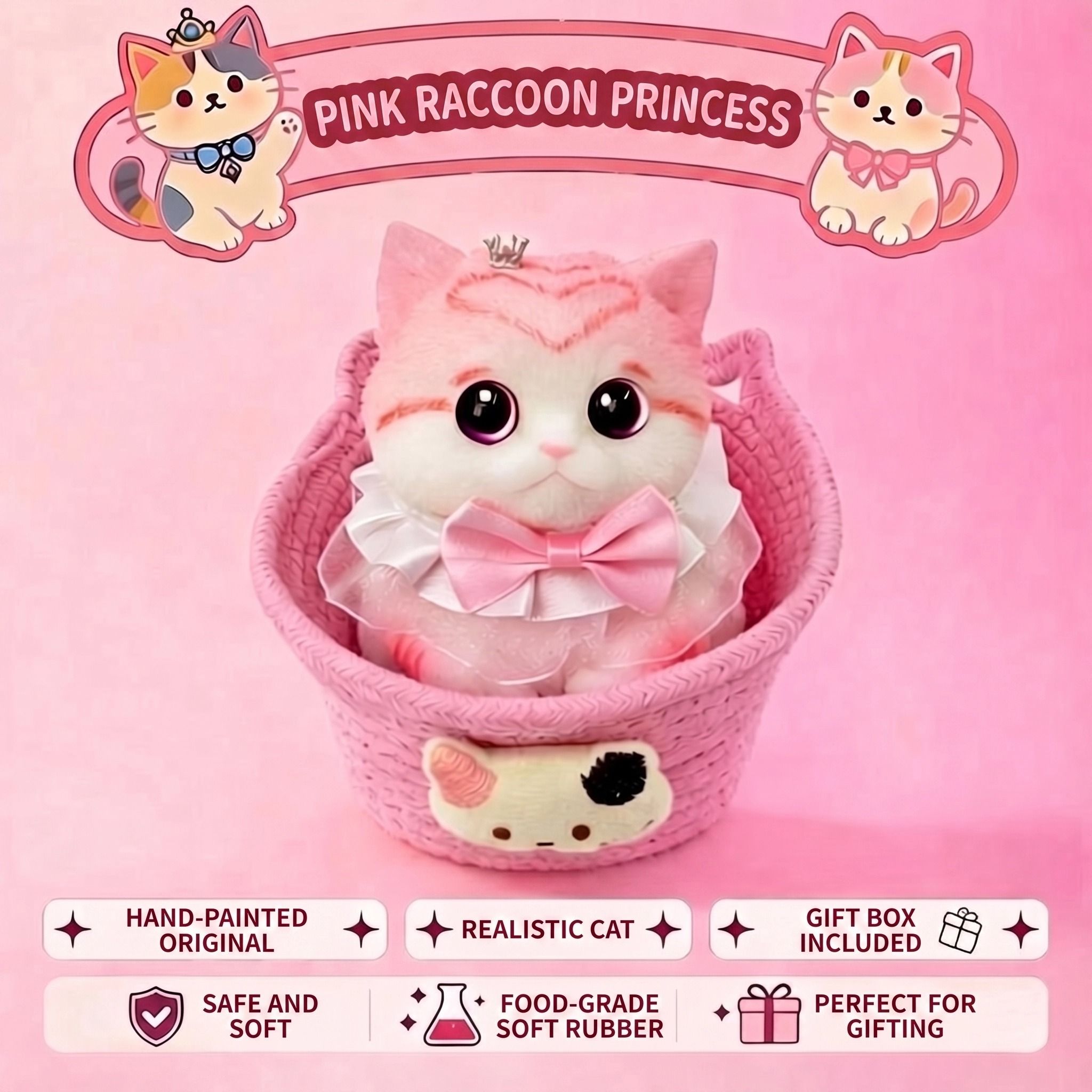 Fat Cat Squishy Toy, Lifelike Cat Plush Doll, Original Hand-Painted Design, (Kitten + Accessories + Cat Bed)/Lovely golden gradient