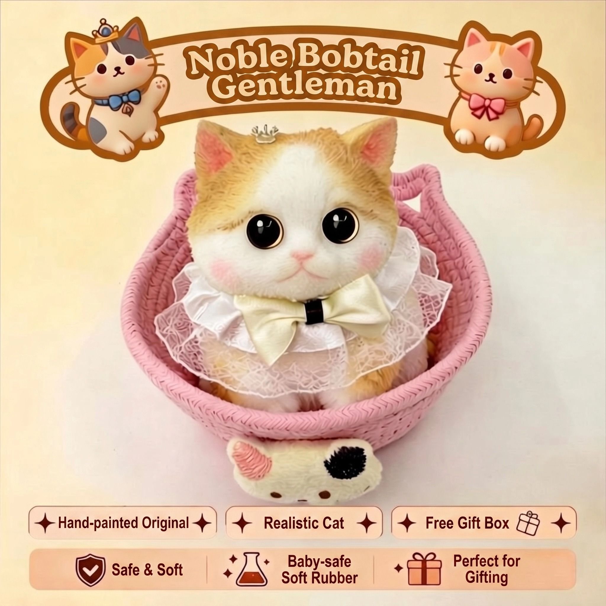 Fat Cat Squishy Toy, Lifelike Cat Plush Doll, Original Hand-Painted Design, (Kitten + Accessories + Cat Bed)/Lovely golden gradient
