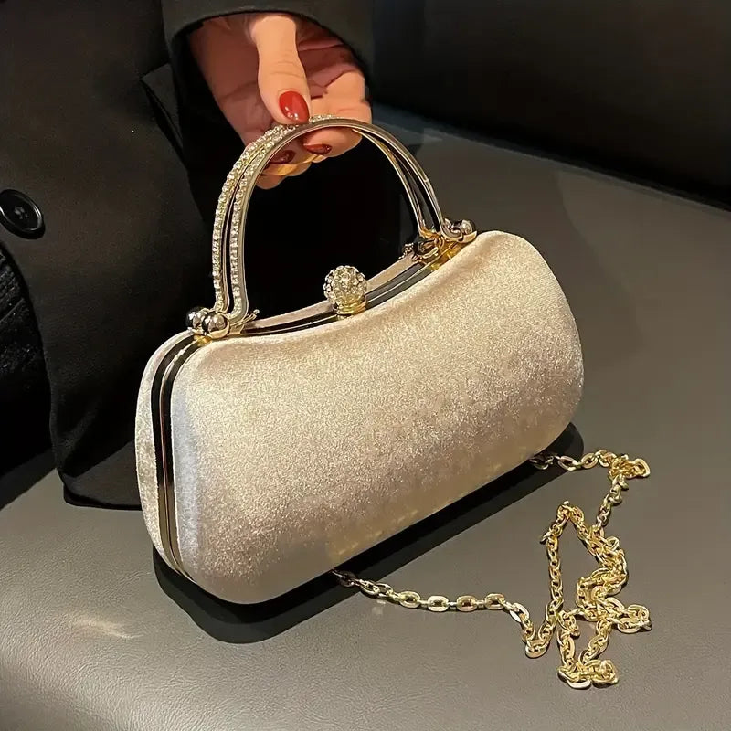 【PU Evening Bag】 Rhinestone-encrusted Gold Handle, Magnetic Snap Closure, Horizontal Oval Clutch, Lightweight & Portable – Top Choice for Weddings & Parties./BLACK