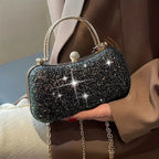 【PU Evening Bag】 Rhinestone-encrusted Gold Handle, Magnetic Snap Closure, Horizontal Oval Clutch, Lightweight & Portable – Top Choice for Weddings & Parties./BLACK